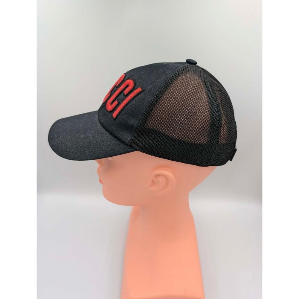 Gucci Embroidered Trucker Mesh Red Logo Cotton Hat Black 701324 - Picture 6 of 11
